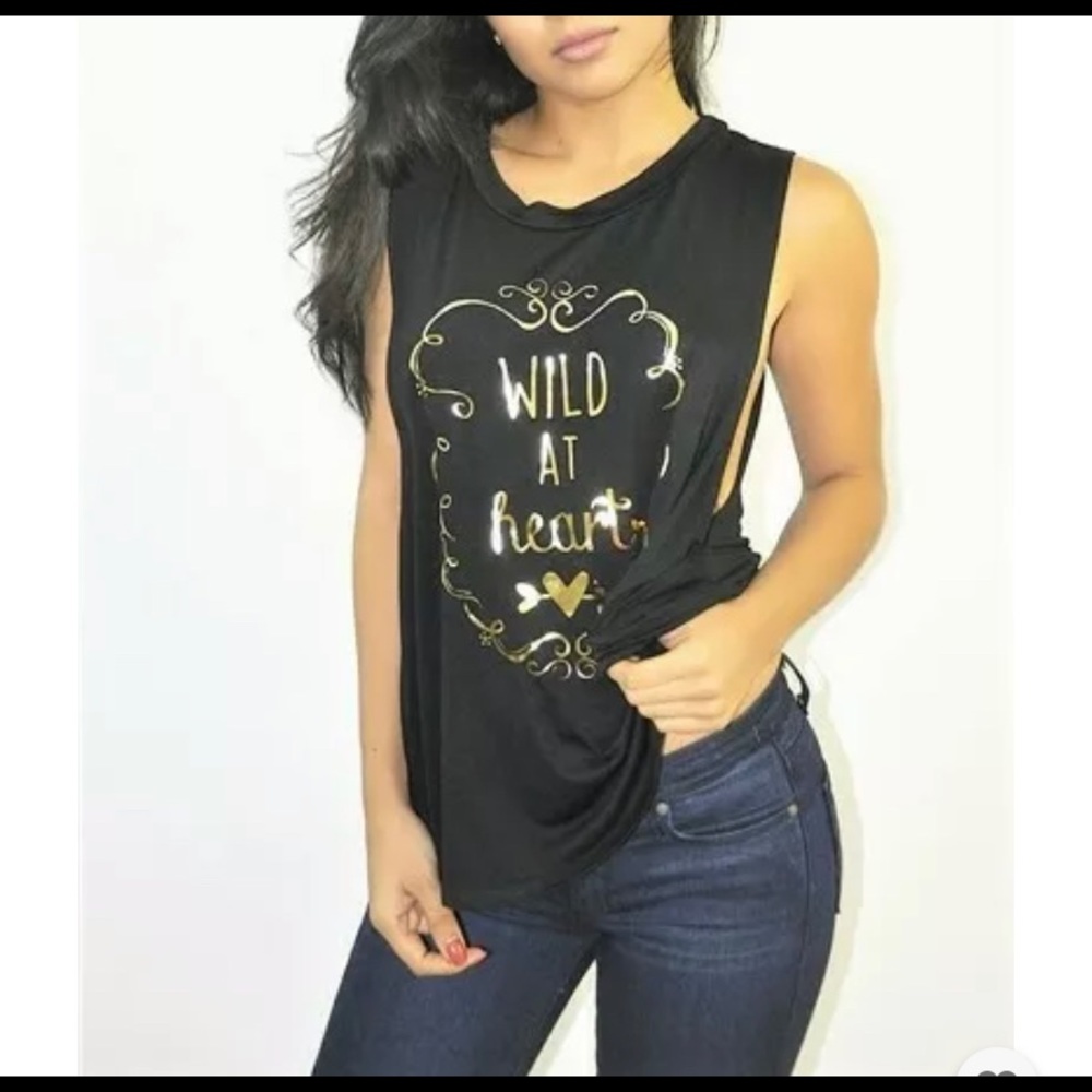 Sexy Black "wild at Heart" low cut sides Muscle style tank top New Glam 80-90's